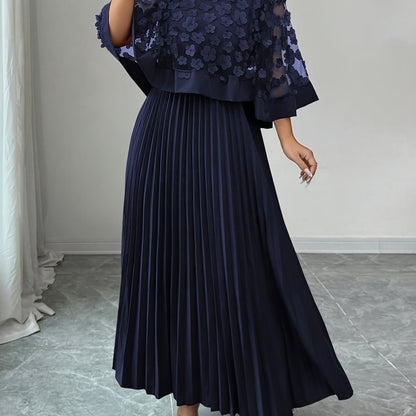 Elegant Floral Applique Two Piece Set for Women with Round Neck Flutter Sleeve Pleated Maxi Skirt Formal Style