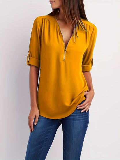 V-Neck Zipper Women'S Long-Sleeved Roll-Up Sleeve Loose Chiffon Shirt