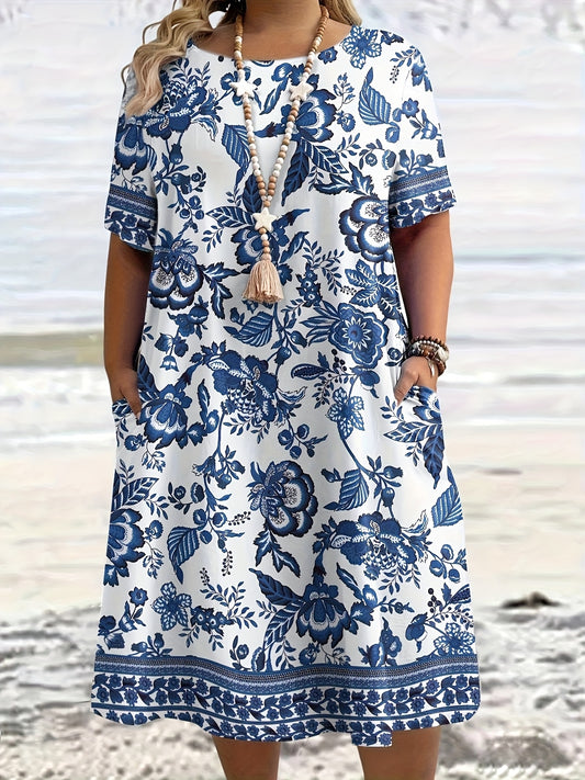 Effortless Blue Floral Midi Dress for Women with Round Neck Short Sleeve Relaxed Bohemian Style