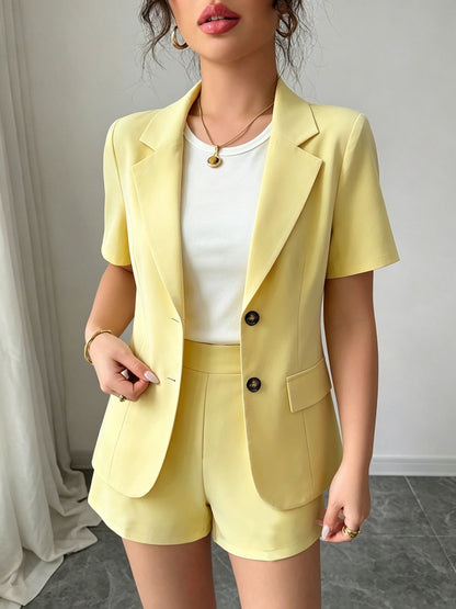 Elegant Casual Commuter Suit Set, Solid Color Short-Sleeve Blazer, Shorts/Wide-Leg Pants, Women's Spring/Summer Style