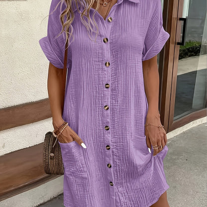 Easy Solid Color Shirt Dress, All- Breathable, Lapel Design Exudes Professionalism, Buttons Arranged in Order, Adding a Touch of Retro Charm