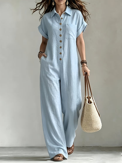 Women's Summer Short Sleeve Jumpsuit/Collared Single-Row Button Loose Straight Style/Casual Cargo Overalls/Loose Straight Drape Long Pants/Daily Commute Casual All-Match Fashion Comfortable