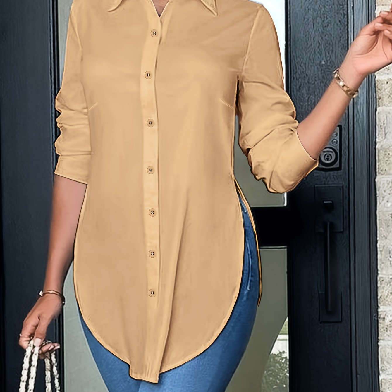 Women'S Elegant Long Sleeve Button-Front Blouse - Non-See-Through Shirt with Side Slit, All-Season Office & Everyday Blouse for Women, Professional Casual Outfits - Easy-care Clothing, Ladies Blouses, Work Attire, Stylish Shirt, Fashion Lovers