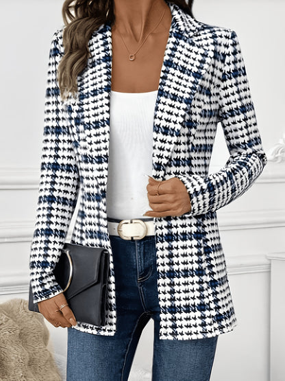 ASD1 Fashionable Women's Elegant Suit Jacket, Stylish Slim-Fit Houndstooth Print Lapel Blazer