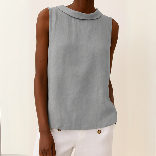 Effortless Linen Blouse for Women with Draped Collar Sleeveless Relaxed Keyhole Back Style