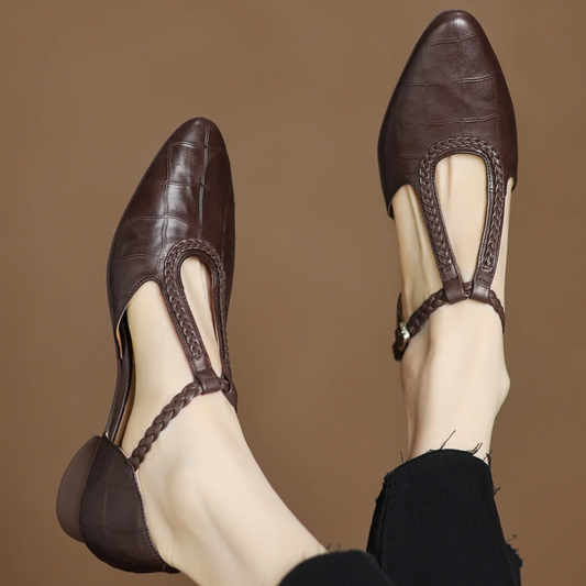 Elegant Croc Embossed Leather T-Strap Flats for Women with Pointed Toe Braided Strap Block Heel Vintage Style