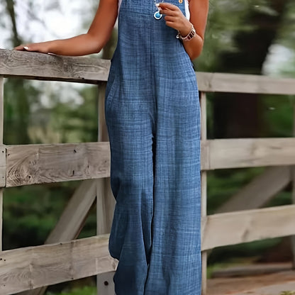 Women's Vacation Wide-Leg Jumpsuit - Sleeveless with Adjustable Buckle Straps, Pockets Included, Machine Washable, Solid Color