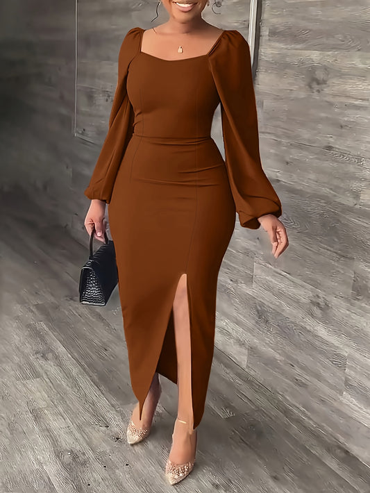 Elegant Bodycon Midi Dress for Women with Square Neck Bishop Sleeve Side Slit Cocktail Style