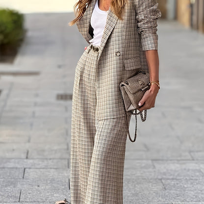 [Elegant Bi-Color Outfit] 2pcs Elegant Fashion Casual Set | Bi-Color Checkered Double-Breasted Suit Jacket & Ankle Pants