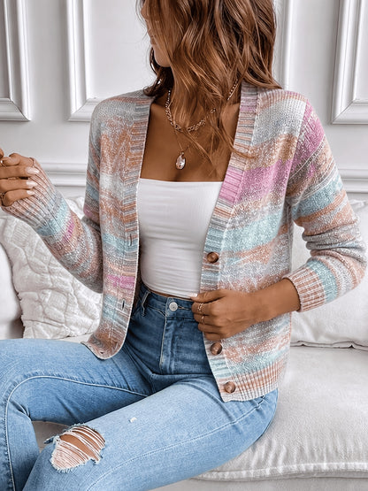 Women's Cardigan Sweater, Soft Acrylic Gradient Color Block Lightweight Blouse, Hand Washable Glossy Vibe, Suitable for Spring Summer Fall Winter Layering, Elegant for Home Office & Casual Wear