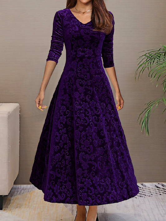 Directional - New And Thinning Large Swing Skirt Women'S Clothing Golden Velvet Long Sleeve Dress Long Style