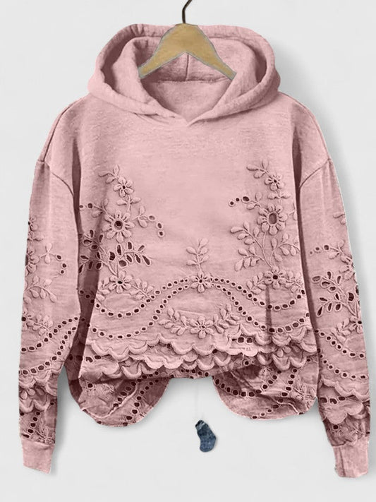 Comfortable Eyelet Embroidered Hoodie for Women with Hood Long Sleeve Scalloped Hem Oversized Knit Style