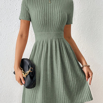 New Fashion Casual / Solid Color Ribbed / Waist-Knot A-Line Dress