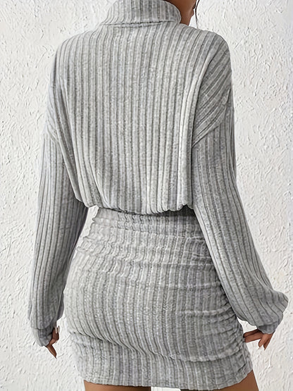 Ribbed Autumn Fashion Solid Color Long-Sleeved Dress
