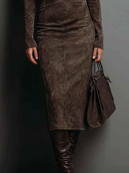 Elegant Suede Midi Dress for Women with Turtleneck Long Sleeve Fitted Semi Formal Style