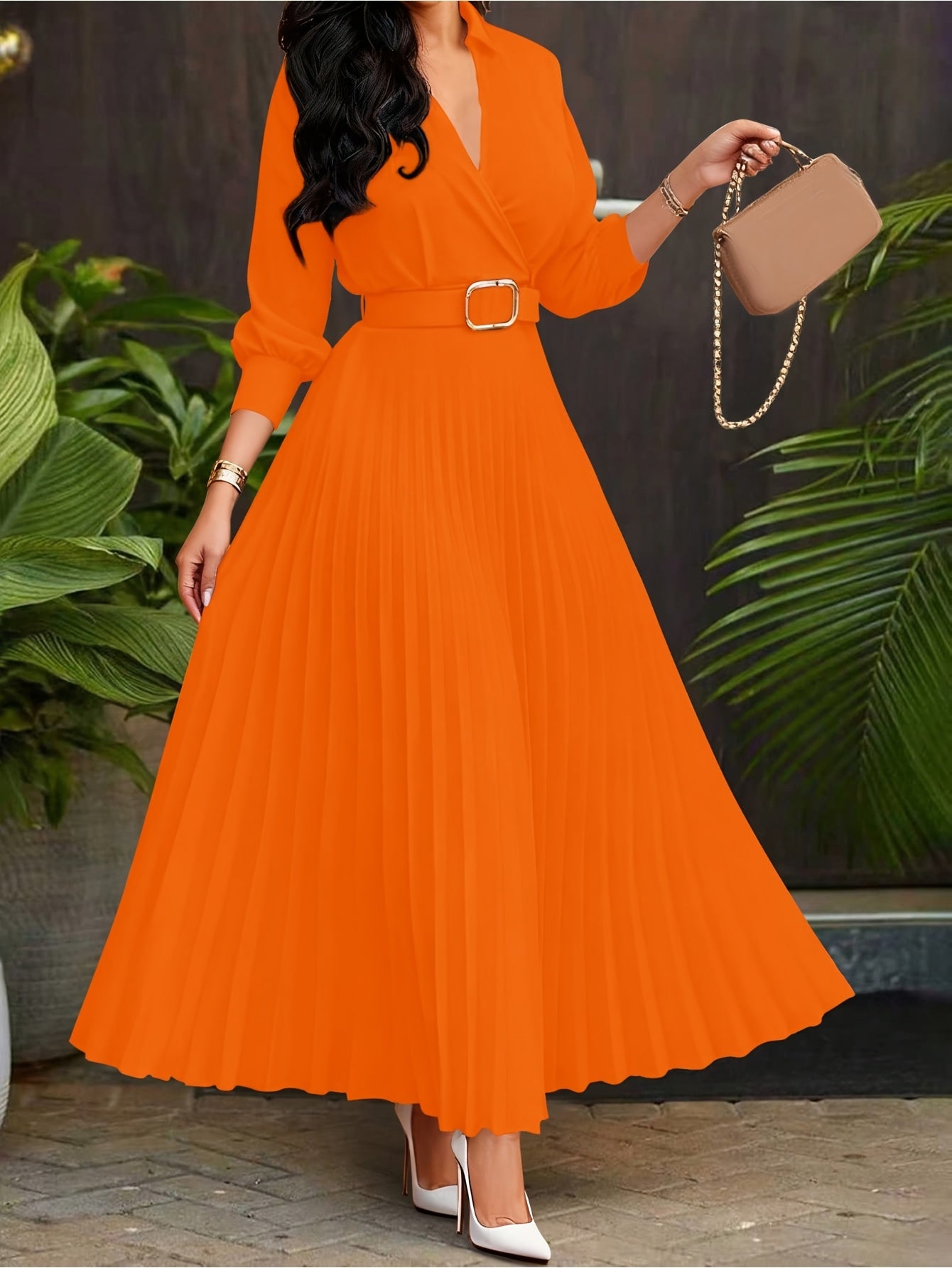 Spring/Summer Waist-Cinching Temperament Elegant Socialite Flared Solid Pleated Skirt with Belt Dress
