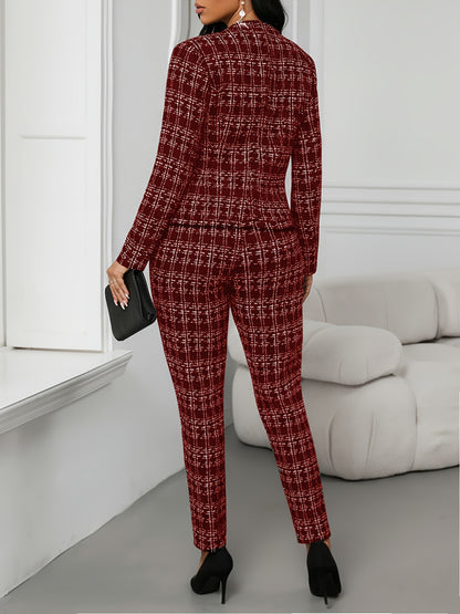 Elegant Plaid Suit 2pcs Set with Front Double-Breasted Button Detail, Trousers for Commuting and Casual Wear