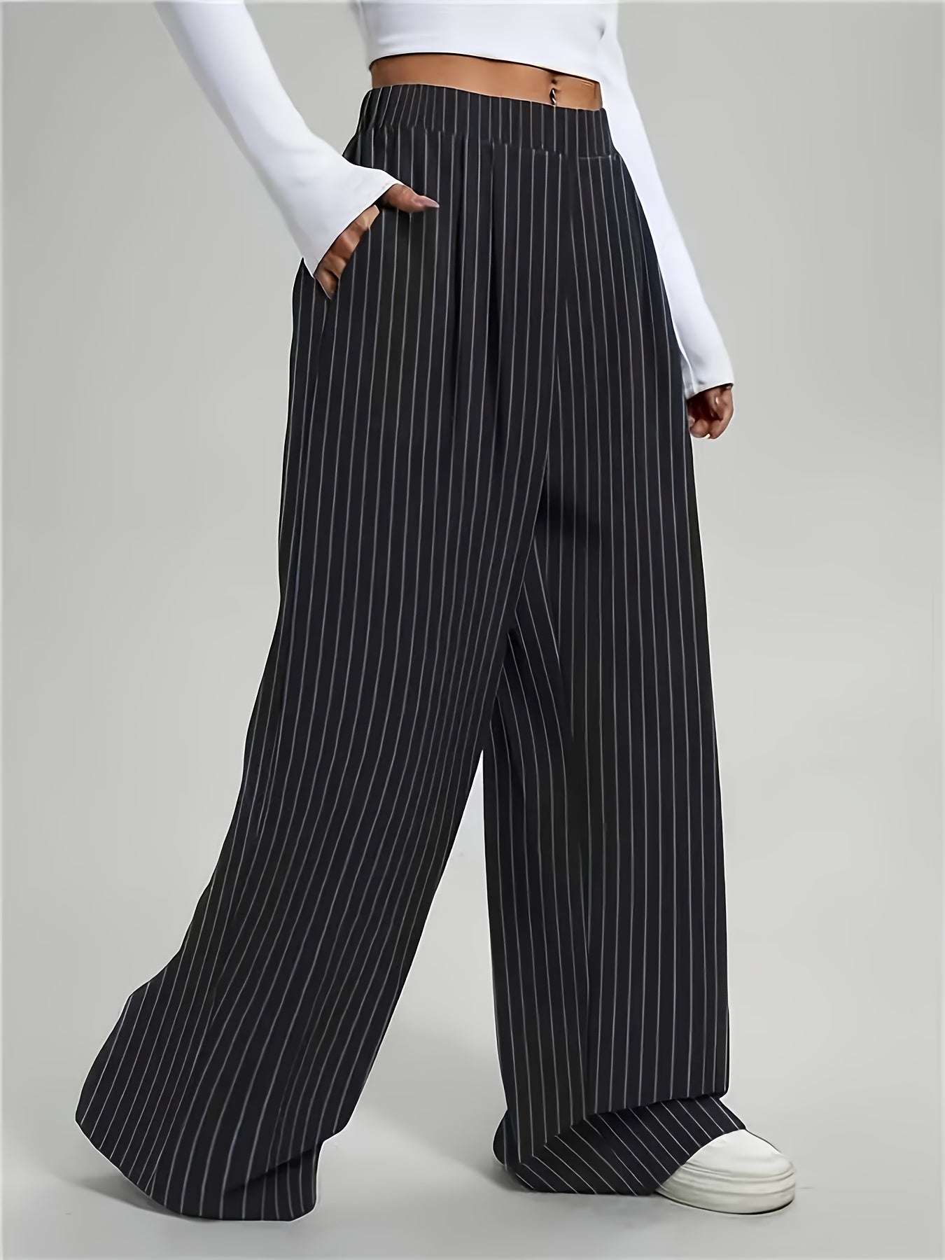 [Striped Harem Pants] Women's Casual Striped Harem Pants - High-Waist Full-Length Wide-Leg Trousers with Vertical Pleats and Pocket Design - Elegant Special Series, Structured Non-Stretch Fabric Suitable for All Seasons, Professional and Semi-Formal Wear