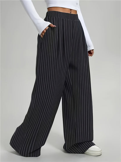 [Striped Harem Pants] Women's Casual Striped Harem Pants - High-Waist Full-Length Wide-Leg Trousers with Vertical Pleats and Pocket Design - Elegant Special Series, Structured Non-Stretch Fabric Suitable for All Seasons, Professional and Semi-Formal Wear