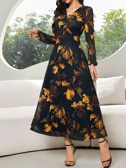 Women's Lace Dress WJ435, Elegant Floral Cinched Waist Long Dress, Deep V-Neck, Business Party, Spring/Autumn, Yellow Black Print Lace
