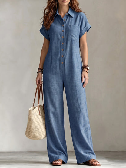 Women's Summer Short Sleeve Jumpsuit/Collared Single-Row Button Loose Straight Style/Casual Cargo Overalls/Loose Straight Drape Long Pants/Daily Commute Casual All-Match Fashion Comfortable