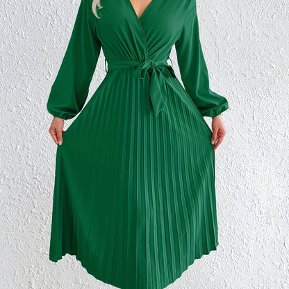 Style Autumn Winter Western Ins Hot Item Temperament V-Neck Flared Pleated Maxi Dress