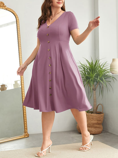 Plus Size - Plus Size - Plus Size Women'S Buttoned V-Neck Waist Dress