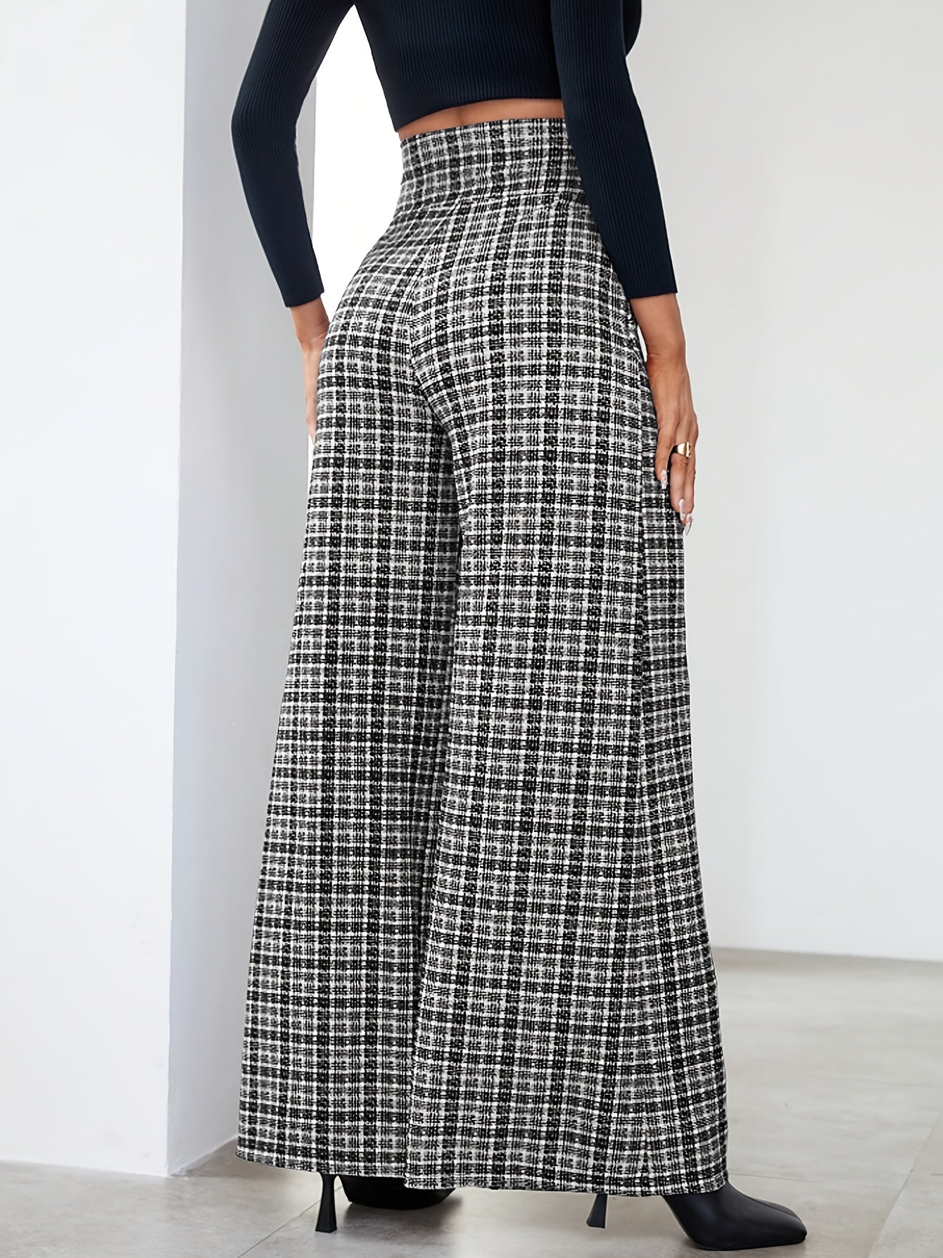 Wide-Leg Pants, Elegant Plaid Print with Button Embellishments and Pockets, Suitable for Various Occasions and Everyday Wear
