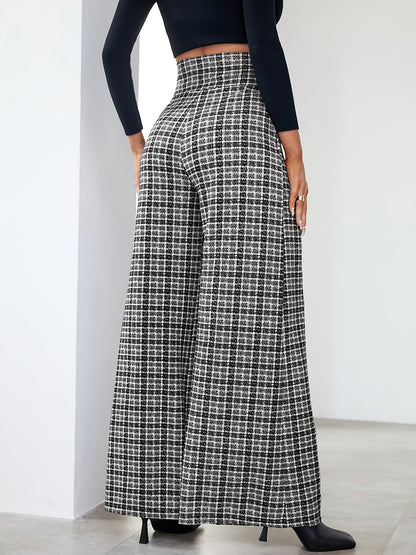 Wide-Leg Pants, Elegant Plaid Print with Button Embellishments and Pockets, Suitable for Various Occasions and Everyday Wear