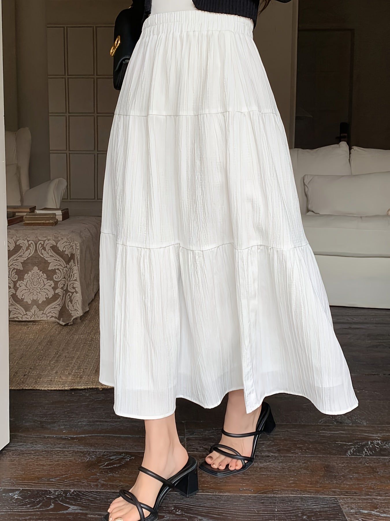 Midi Skirt Summer / Cake High Waist New Elastic / Mid-Length Large Swing Skirt White