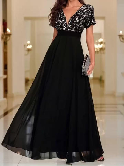 Sequin Spliced Formal Dress Elegant Prom Wedding Guest Gown, Contrast Sequin Chiffon Formal Dress, V-Neck Short Sleeve Sequin Patchwork Slim Fit Long Dress for Graduation Dress, Bride Dress, Birthday Women Outfits, Party Dress, Evening