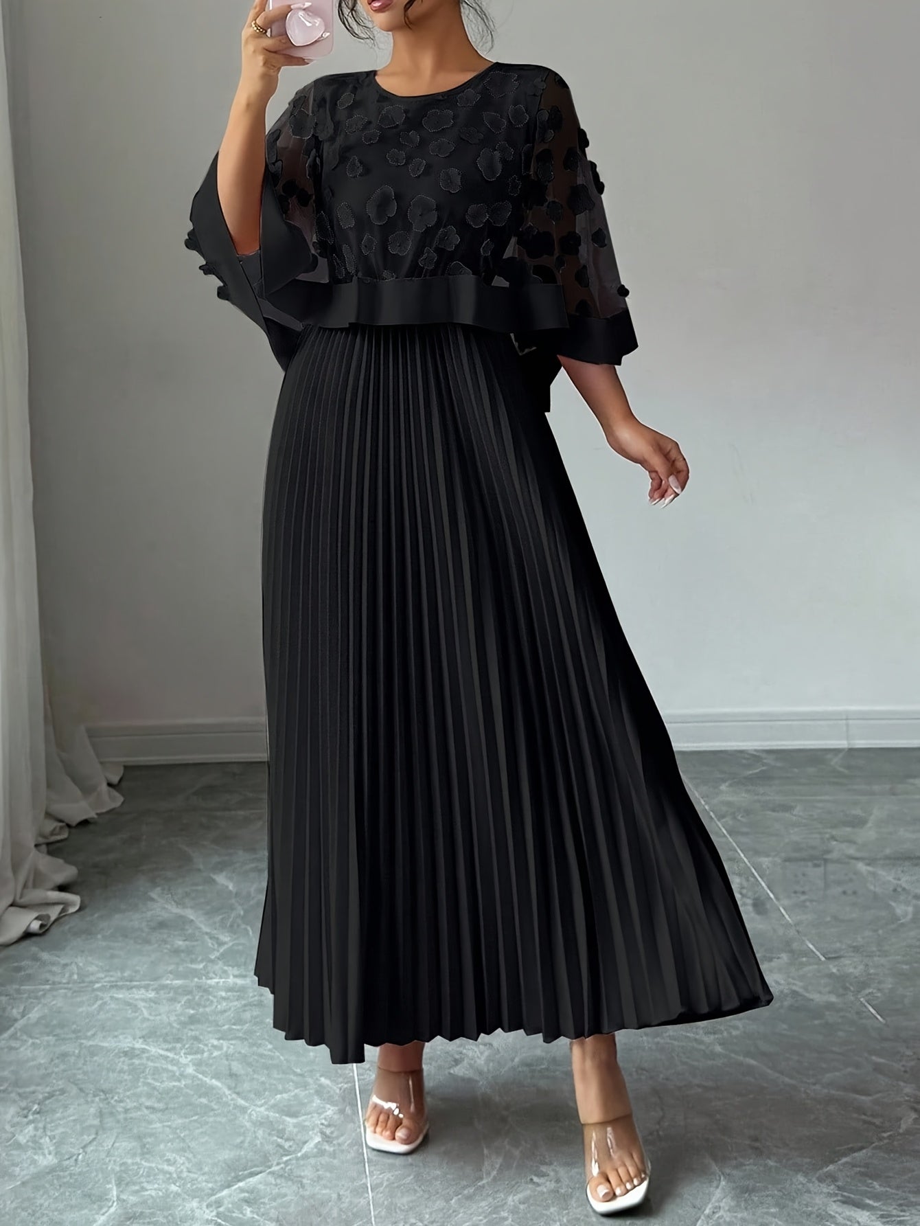 Elegant Floral Applique Two Piece Set for Women with Round Neck Flutter Sleeve Pleated Maxi Skirt Formal Style