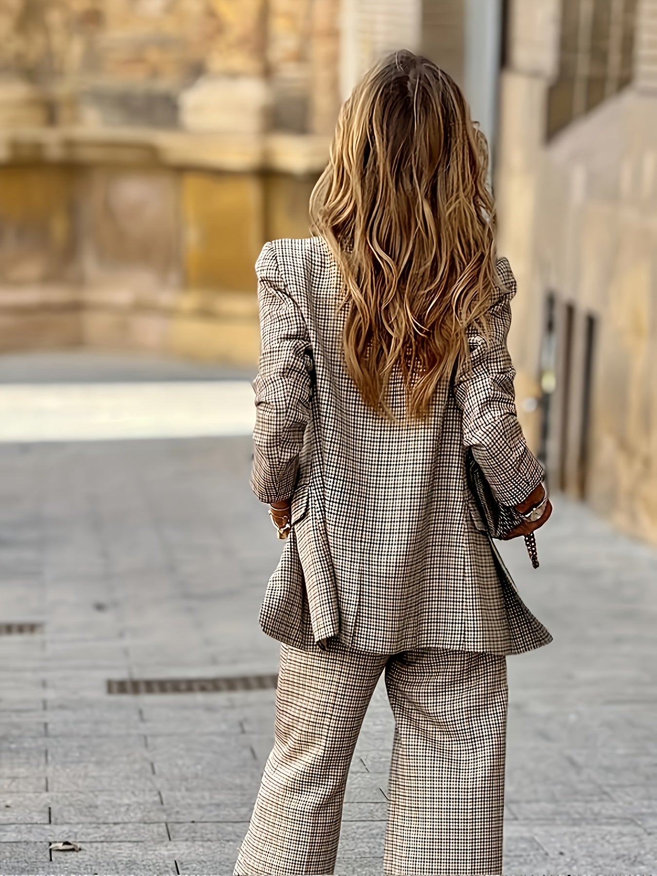 [Elegant Bi-Color Outfit] 2pcs Elegant Fashion Casual Set | Bi-Color Checkered Double-Breasted Suit Jacket & Ankle Pants