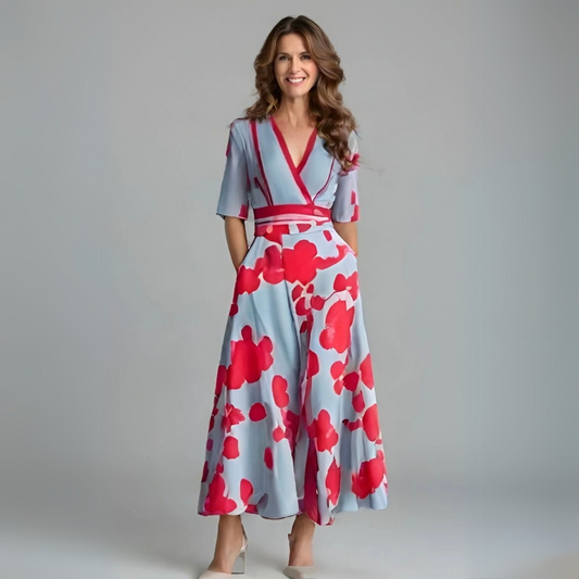 Elegant Blue Floral Maxi Dress for Women with V Neck Elbow Sleeve Wrap Waist Flowing Style