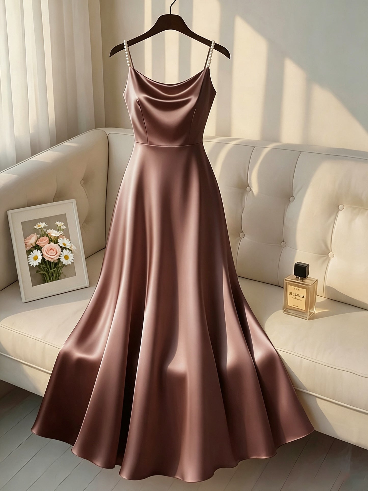 [Pearl Strap] Satin Cami Retro Dress, Suitable for Parties, Weddings, Dates, And Commuting, Luxurious Dress