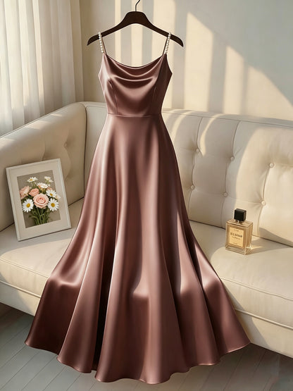 [Pearl Strap] Satin Cami Retro Dress, Suitable for Parties, Weddings, Dates, And Commuting, Luxurious Dress