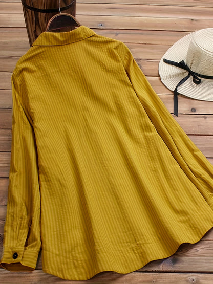 Spring/Autumn New Women's Solid Color Striped Button-Up Faux Pocket Striped Long Sleeve Long Shirt Top