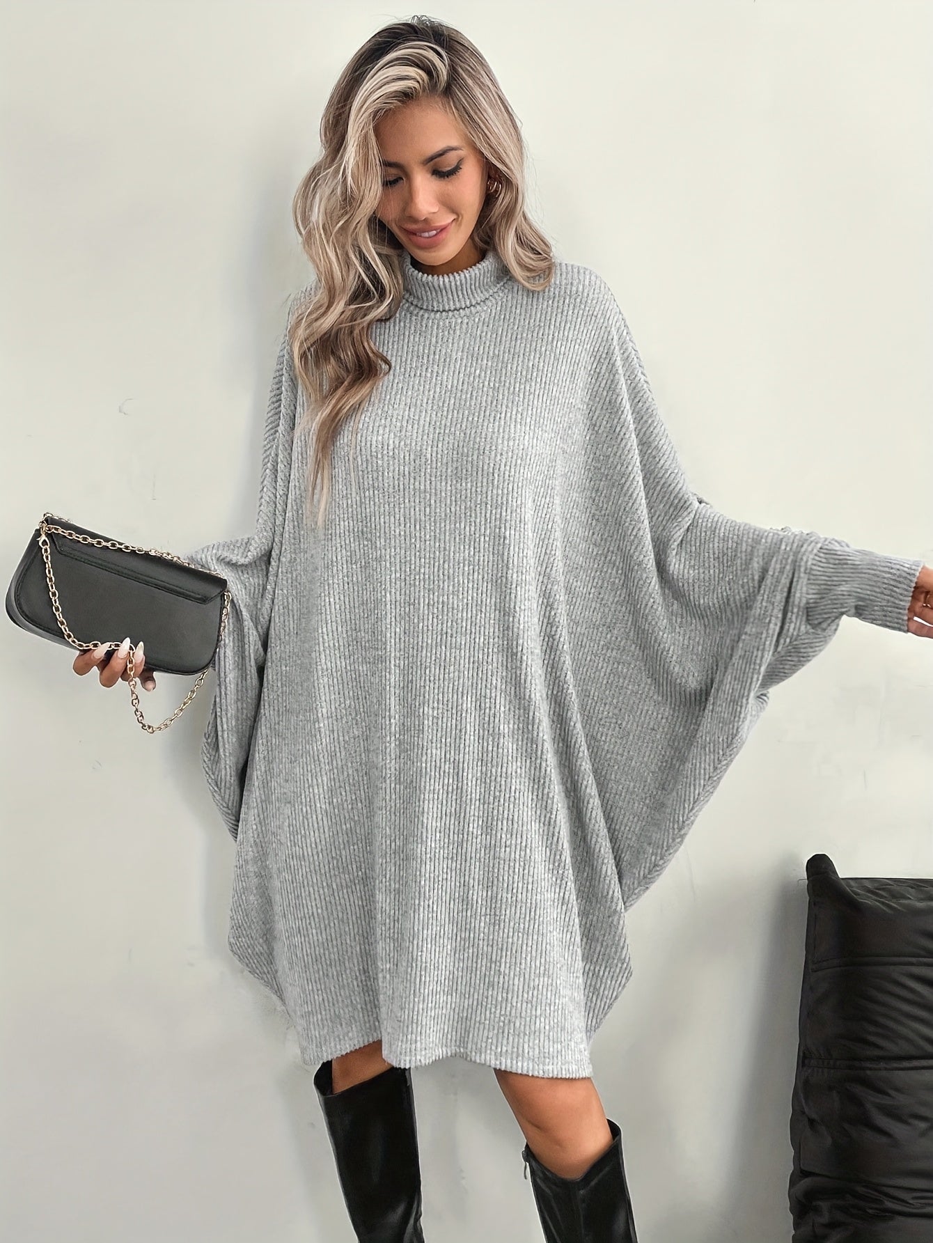 Women's Solid Color High Neck Batwing Sleeve Dress
