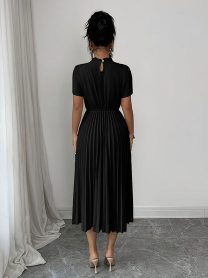 ZLLZ Trendy Summer New Style Women'S Solid Color Teardrop Back Collar Light Luxury Pearl Button Decoration with Waist-Cinching Pleated A-Line Design, Fashionable And, Women'S Fashion Dress Party Elegant Style Dress