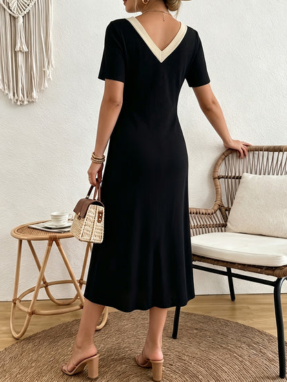 [French-Style V-Neck Dress] Women's French-Style V-Neck Dress - Short Sleeve Midi Dress with Slit Detail | Straight-Cut Office Dress for Commuting, Blouse-Compatible Solid Color Dress for Casual to Professional Wear