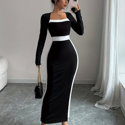 Elegant Black Colorblock Maxi Dress for Women with Square Neck Long Sleeve Bodycon Column Style