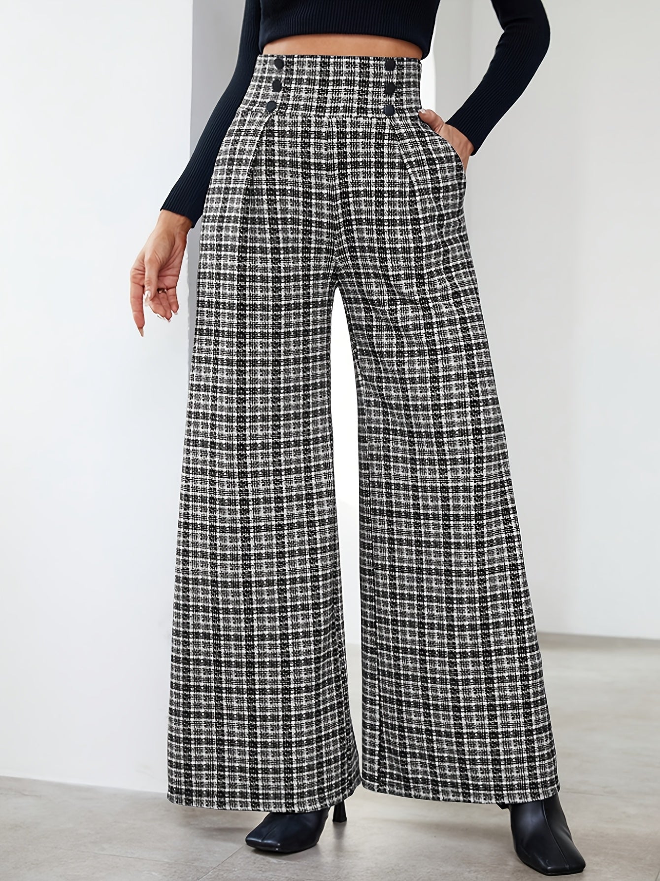 Wide-Leg Pants, Elegant Plaid Print with Button Embellishments and Pockets, Suitable for Various Occasions and Everyday Wear