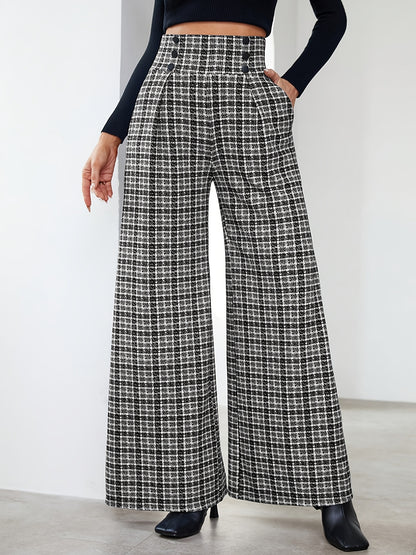 Wide-Leg Pants, Elegant Plaid Print with Button Embellishments and Pockets, Suitable for Various Occasions and Everyday Wear