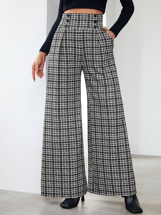 Wide-Leg Pants, Elegant Plaid Print with Button Embellishments and Pockets, Suitable for Various Occasions and Everyday Wear