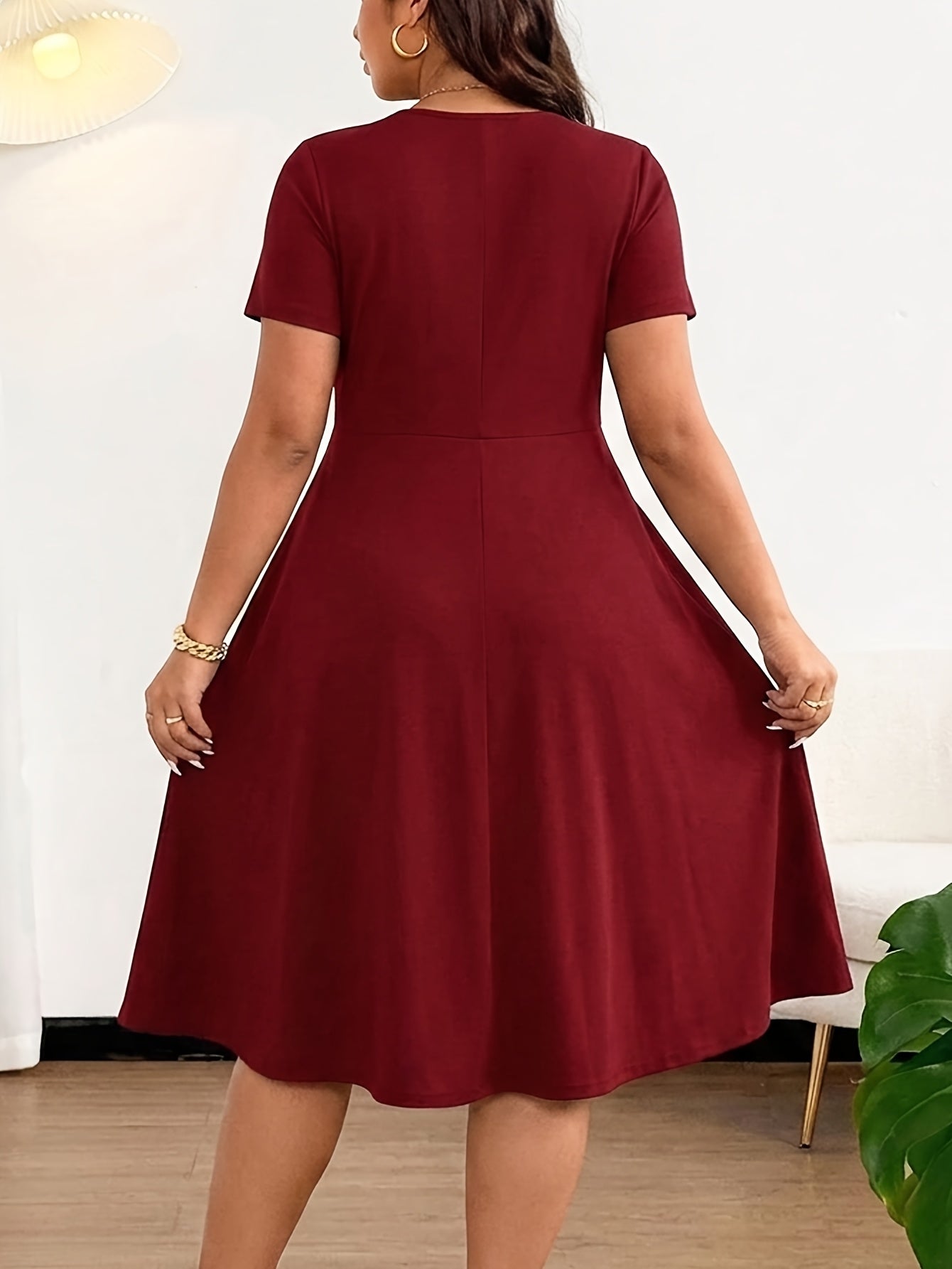 Plus Size - Plus Size - Plus Size Women'S Buttoned V-Neck Waist Dress