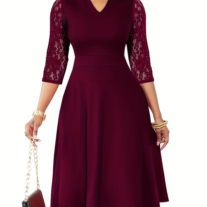 [Elegant V-Neck Lace] Elegant V-Neck Lace Sleeve Midi Dress | Autumn/Winter Women's Fashion, Three-Quarter Sleeve A-Line, Suitable for Formal Occasions, Cocktail Parties, and Gatherings