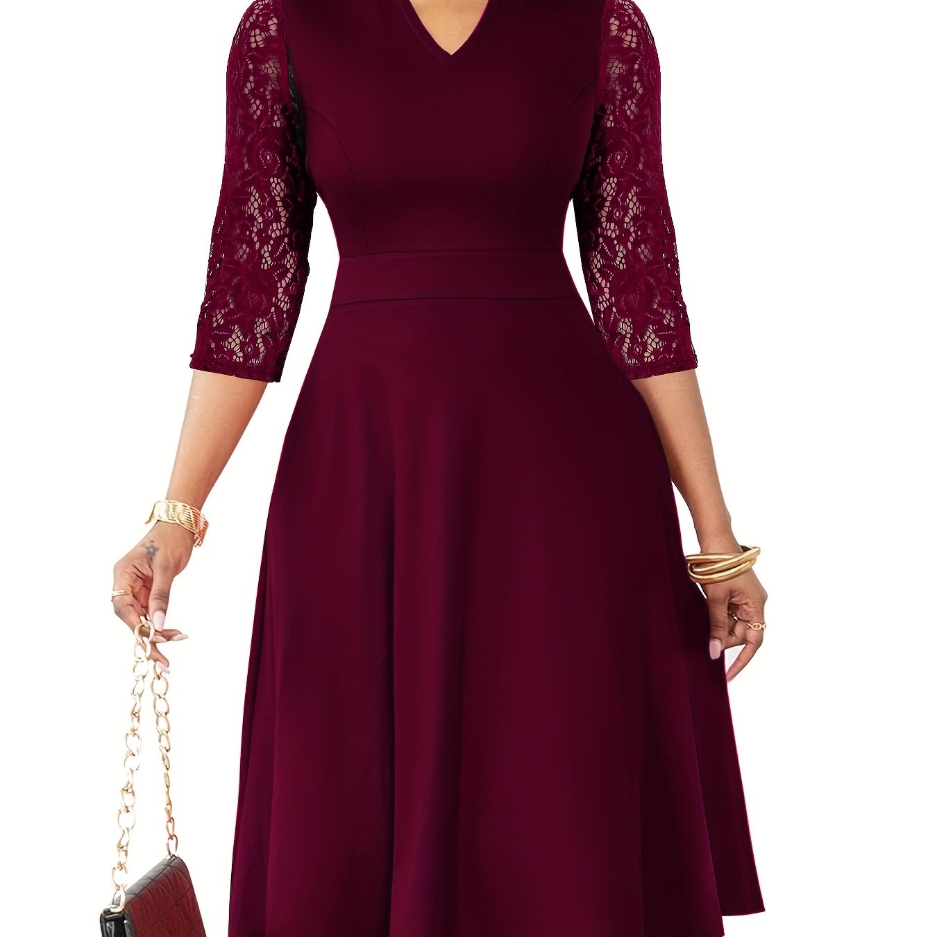 Autumn/Winter Women's Fashion Elegant V-Neck Lace Sleeve Three-Quarter Sleeve A-Line Midi Dress, Suitable for Formal Occasions, Cocktail Parties, and Gatherings