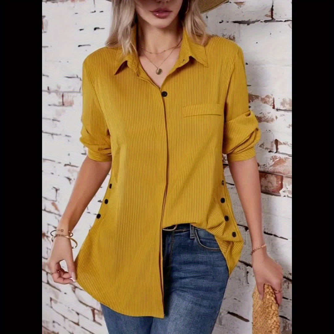 Spring/Autumn New Women's Solid Color Striped Button-Up Faux Pocket Striped Long Sleeve Long Shirt Top