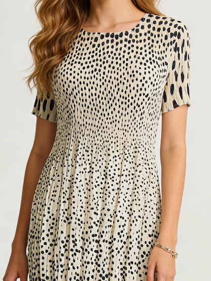 [Super Stretch Bohemian] Super Stretch Bohemian Dress | Polka Dot Print Pleated, High-waisted Ruffled Skirt, Over-the-knee Mid-length 1pc, Seamless Waist, Instant Rebound, Simple Commuter Style, Suitable for 90-180 Lbs