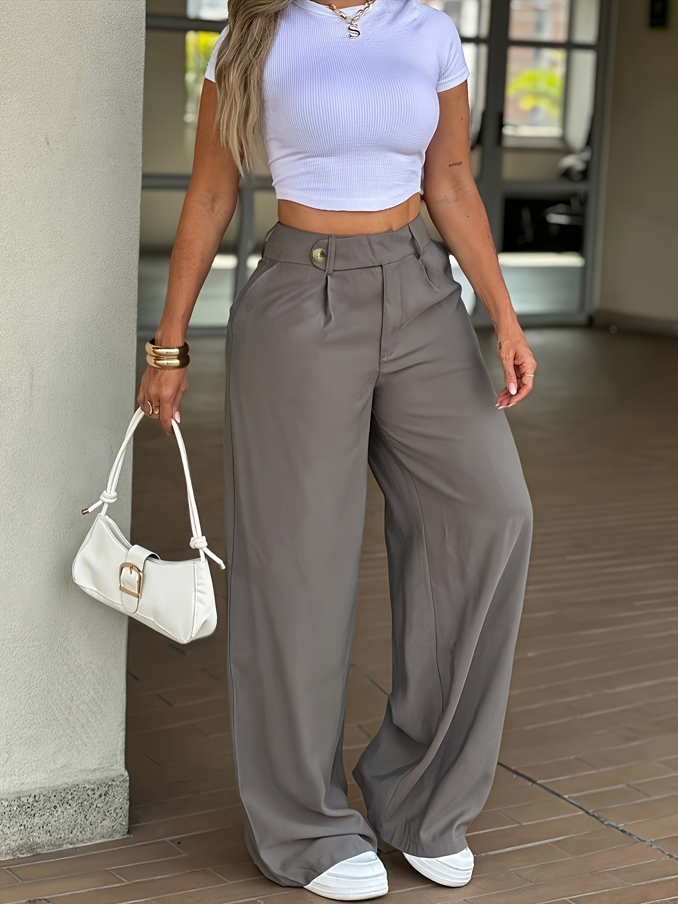 HMY High-Waist Flowy Wide-Leg Suit Trousers Women'S Spring Summer Pleated Loose Floor-Length Straight Pants Versatile Casual Long Pants And